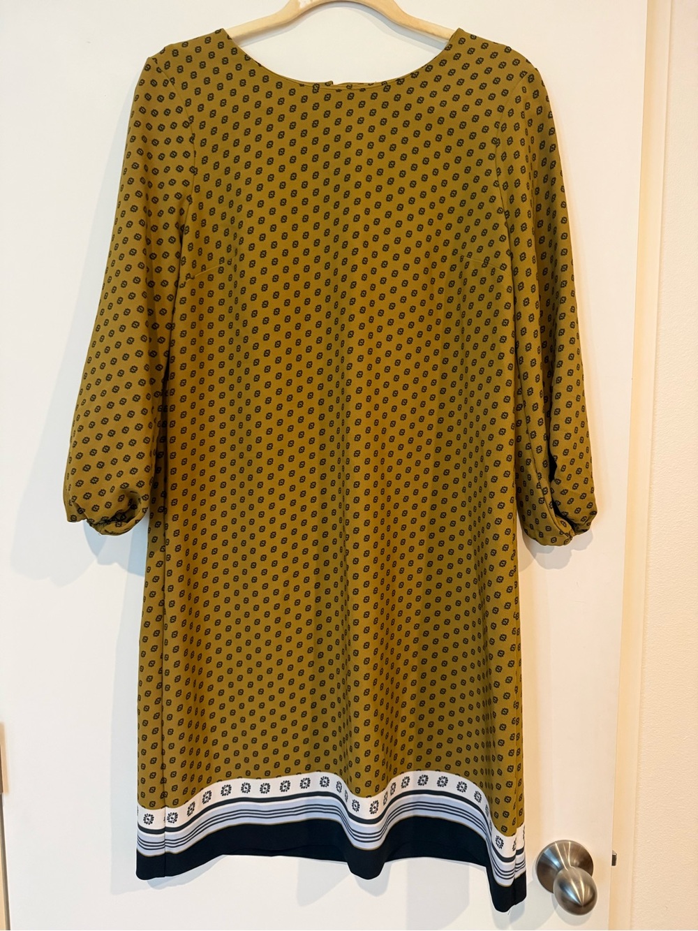 Ann Taylor Olive Green Printed Midi Dress with Navy and White Band Hem